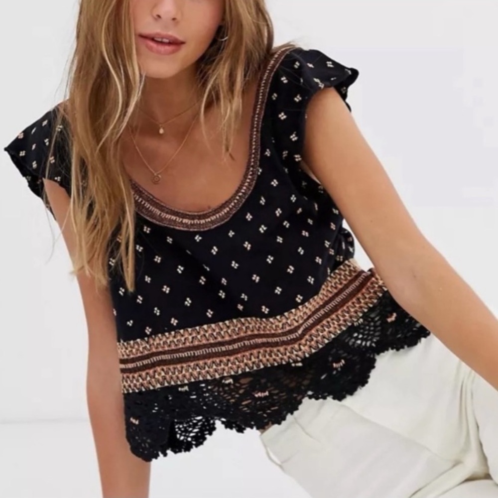 Free People Black Santorini Black and Gold Embroidered Top